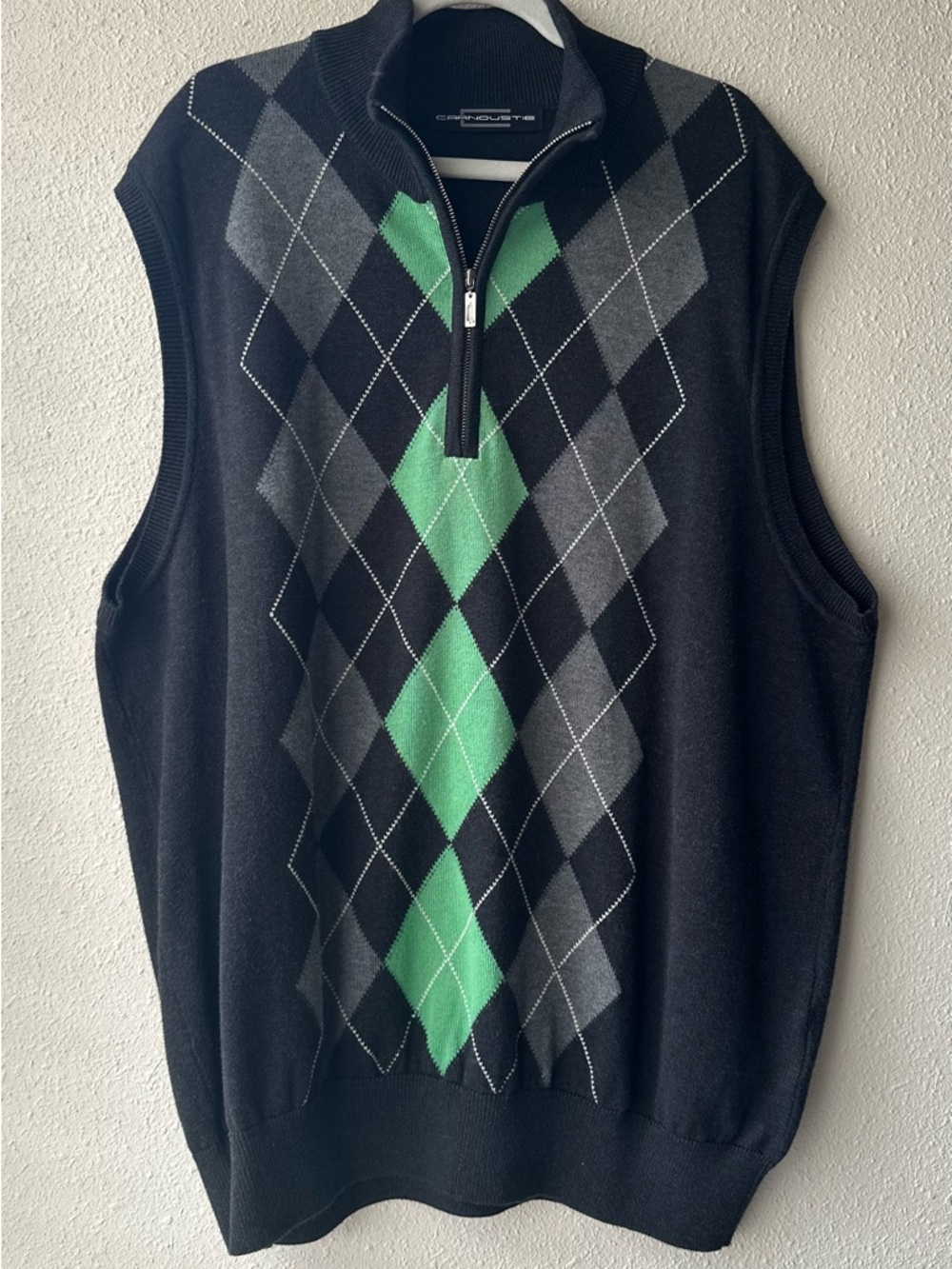 Carnoustie Men’s Half-Zip Argyle Sweater Vest - Black with Green & Gray